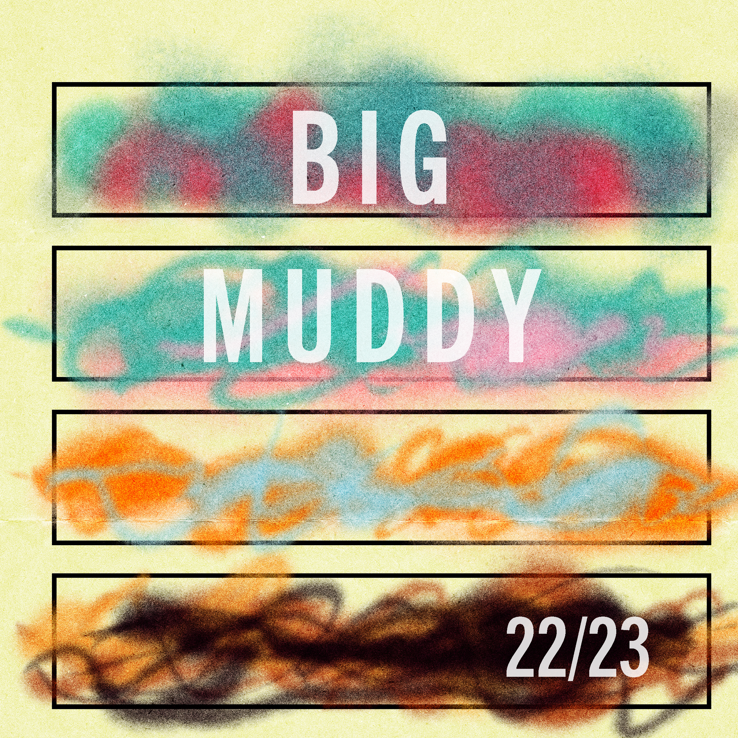 The cover of Big Muddy #22/23. The cover is an abstract with colored lines scribbled over four rectangular boxes against a cream colored background. The name and volume number appear on the cover.